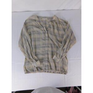 LOFT Shirt Womens Small Gray Plaid Button Front V Neck Lightweight Boho Top